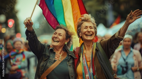 Joyful senior lesbian couple at a pride parade  holding hands and waving a rainbow flag  surrounded by a cheerful crowd    moody lighting