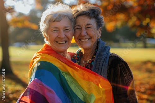 Portrait of a happy senior lesbian couple with a rainbow flag draped over their shoulders, park setting, sunny day, , moody lighting photo