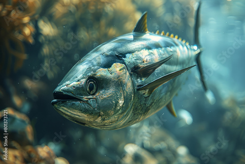 An illustration of an Atlantic bluefin tuna in a marine research center, focusing on overfishing and sustainable seafood initiatives,