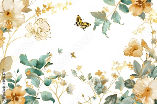 watercolor green flowers and butterfly clipart