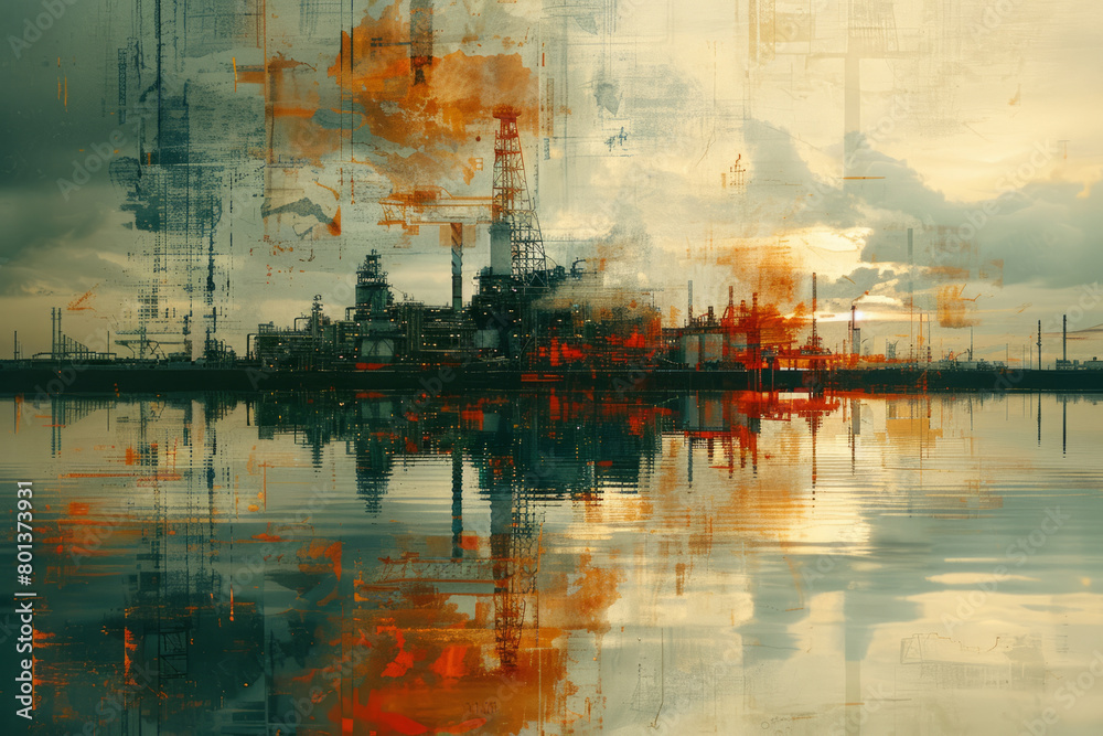 An abstract interpretation of an oil landscape, with rigs and refineries stylized as part of a futuristic dystopia,