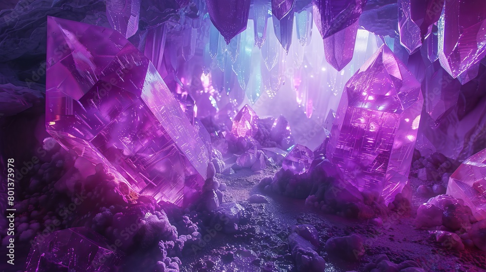 Realistic depiction of a fantasy cave adorned with amethyst minerals, showcasing abstract gems and crystals in violet and purple hues. 3D Illustration Realistic depiction of a fantasy cave adorned with amethyst minerals, showcasing abstract gems and crystals in violet and purple hues. 3D Illustration