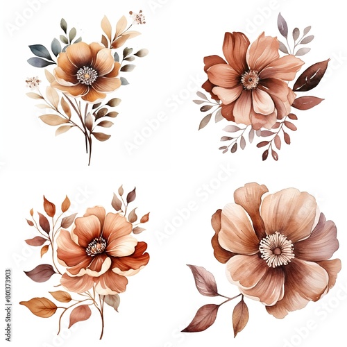 Four different types of flowers are shown in various shades of brown