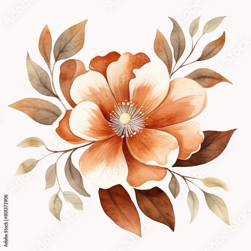 A watercolor painting of a flower with brown leaves and orange petals
