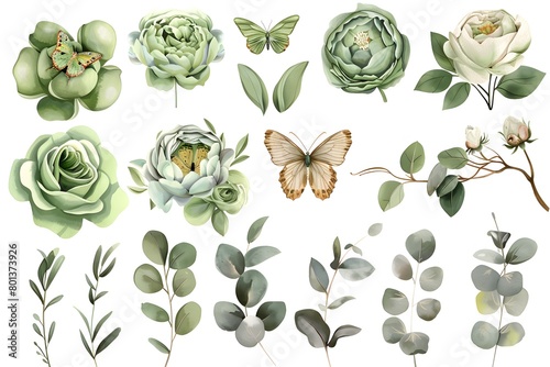 watercolor green flowers and butterfly clipart