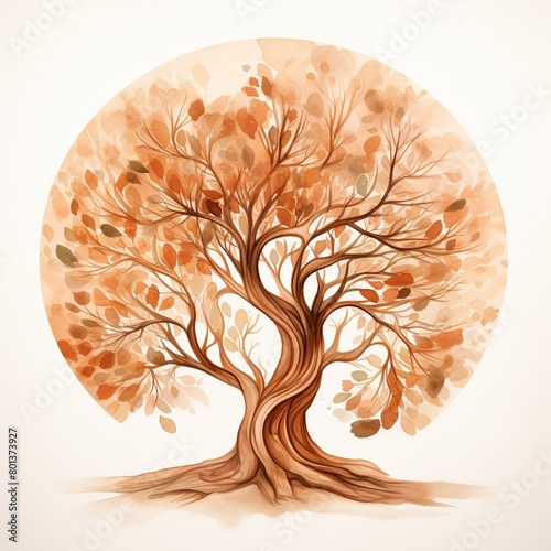 A tree with a brown trunk and orange leaves is the center of a circle