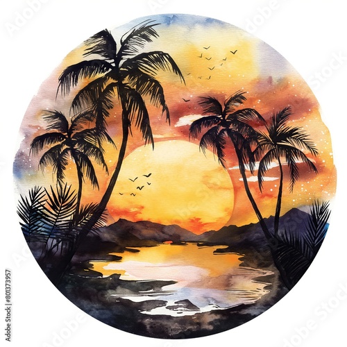 A painting of a sunset with palm trees and birds in the background