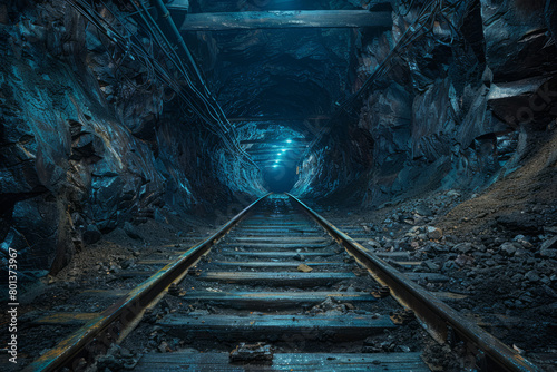 An illustration of the entrance to a coal mine, with rails leading into the dark, foreboding tunnel, photo