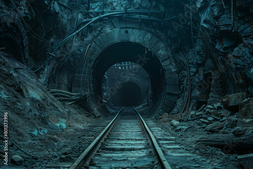 An illustration of the entrance to a coal mine, with rails leading into the dark, foreboding tunnel, photo