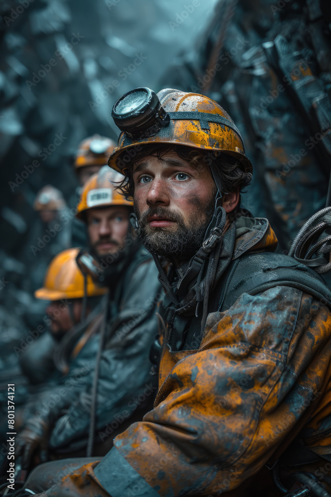 A somber illustration of miners taking a break underground, sitting quietly with their equipment by their side,