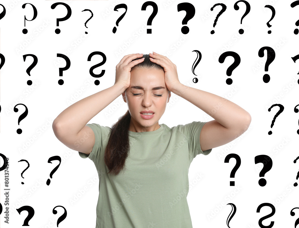 Amnesia. Stressed young woman and question marks on white background Amnesia. Stressed young woman and question marks on white background