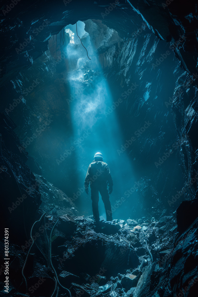 Obraz premium A dramatic scene showing a miner emerging into daylight at the end of a shift, transitioning from darkness to light,