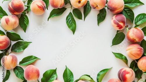 Fresh ripe peaches with vibrant leaves arranged in a border frame on a white background with ample copy space.