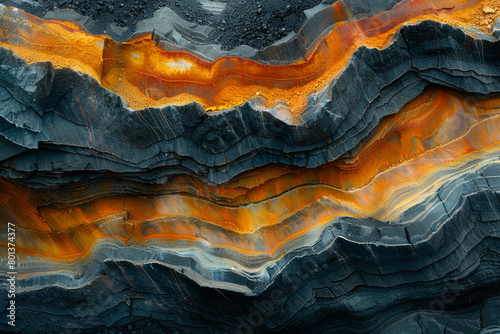An artistic interpretation of the geological layers encountered in coal mining, using color and texture to depict stratification, photo