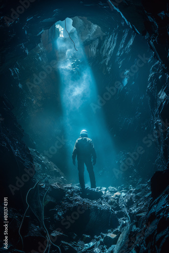 A dramatic scene showing a miner emerging into daylight at the end of a shift, transitioning from darkness to light,