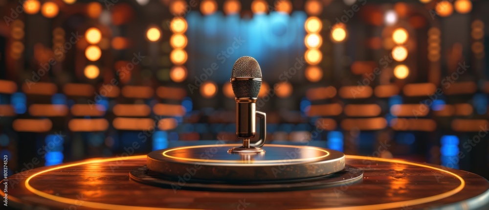 Obraz premium An empty podium with a pristine microphone, evoking the professionalism of sports press conferences.