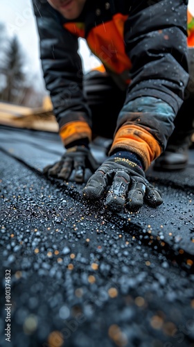 A roofer wearing black and orange jacket and gloves is applying a layer of roofing granules to a new asphalt roof.