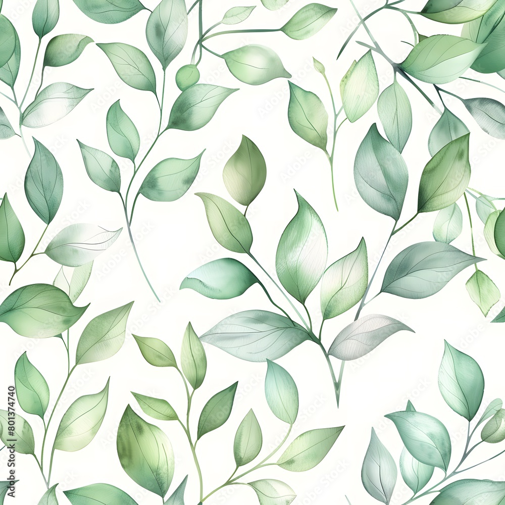 watercolor green leaves pattern, white background, seamless