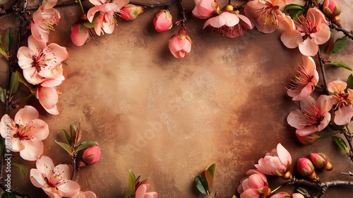 Elegant floral border of pink flowers and buds on textured brown background with copy space. photo