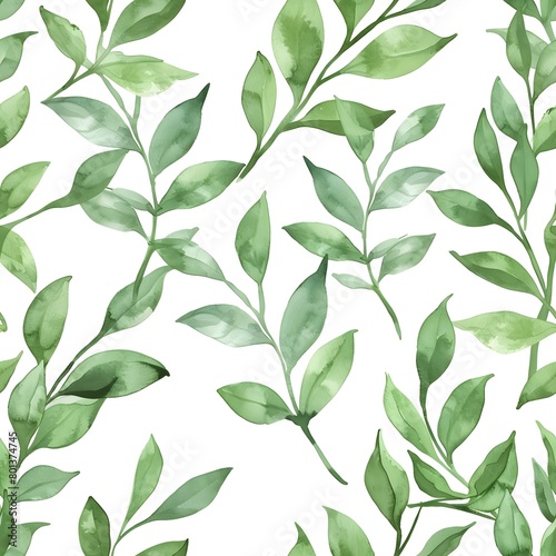 watercolor green leaves pattern, white background, seamless © Sagar