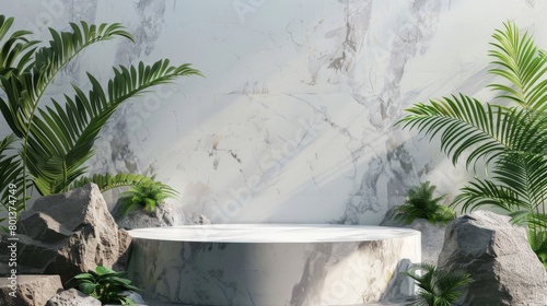 White marble podium with green plants and rocks