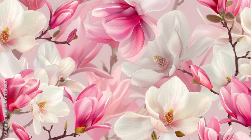 Bright white and pink magnolia flowers set in a seamless pattern, representing the springtime of the Himalayan region Bright white and pink magnolia flowers set in a seamless pattern, representing the springtime of the Himalayan region