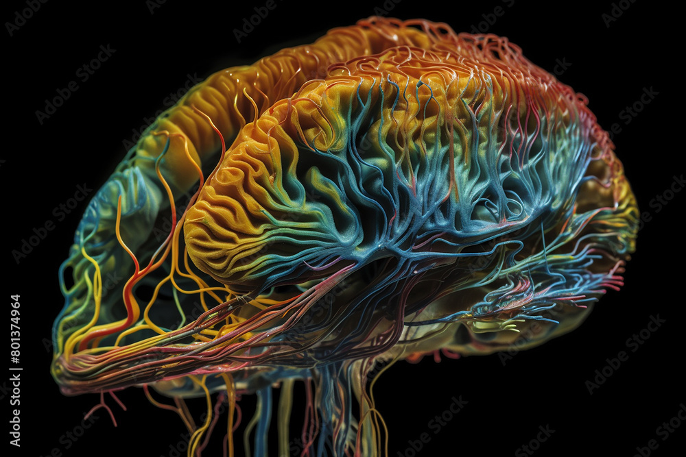 A highly detailed, colorful visualization of human brain anatomy A highly detailed, colorful visualization of human brain anatomy