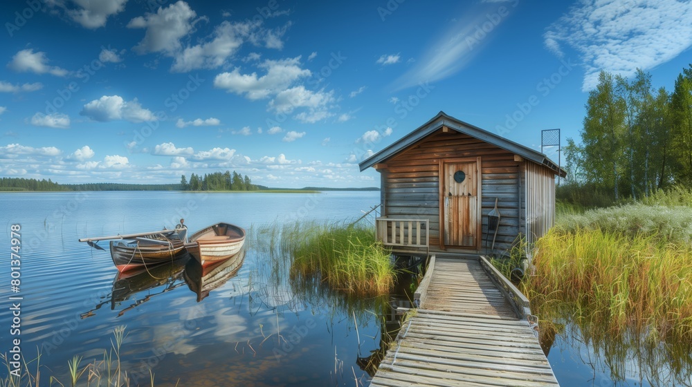 Fototapeta premium Serene lakeside scene with a wooden cabin and a docked boat under a clear sky with fluffy clouds.
