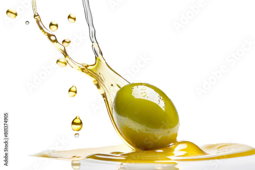 green olive in a splash of olive oil on a white background