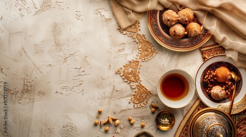 Elegant Middle Eastern tea setting with desserts, beautifully arranged on a textured tabletop.