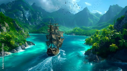 fantasy pirate ship scenery with lush green mountains, palm trees and seascape. Seamless looping 4k time-lapse video animation background photo