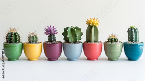 Cluster of small Star Cacti  each in tiny colorful pots on white surface