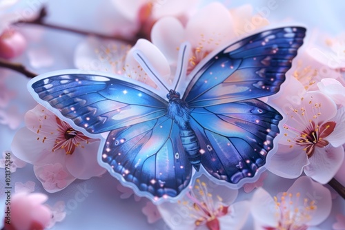   A tight shot of a butterfly perched on a tree branch, adorned with flowers nearby, against a backdrop of a tranquil blue sky photo
