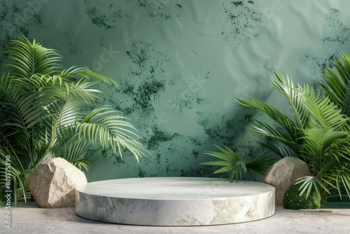 A marble podium with a green background and palm trees. photo