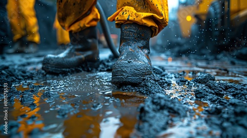 A worker wearing yellow boots walks through a muddy oil field. The worker is wearing protective gear. © Nat
