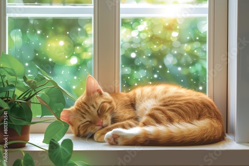  An orange cat naps on a window sill, beside a potted plant and a green, leafy one