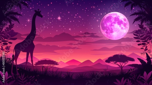   A giraffe atop a verdant field  beneath a violet sky adorned with stars and a plump moon