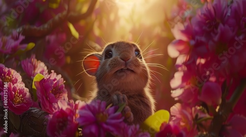  A tight shot of a rabbit in a flower-filled meadow Sunlight filters through the foliage, illuminating the scene behind