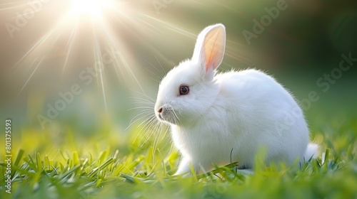 A white rabbit sits in the grass, basking in the sun that shines down on its back, with ears erect