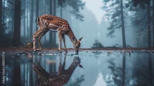  A deer bends at a forest pond, sipping water; its head mirrored in the tranquil surface