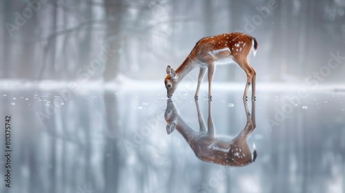   A deer bends to drink from a snow-dotted pond amidst a forest backdrop, surrounded by trees photo