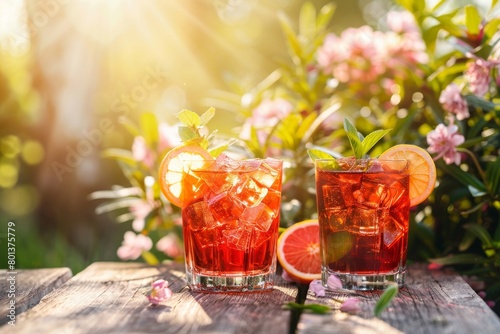 An outdoor summer soirée with Negroni Sbagliato cocktails, glasses clinking in a sun-drenched garden, encapsulating the convivial spirit of this trendy libation photo