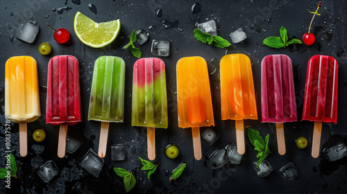 Colorful fruit popsicles with ice, lime, mint, and cherry on a dark background.