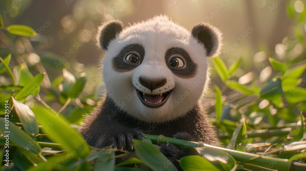   A tight shot of a small panda, grinning in a verdant meadow