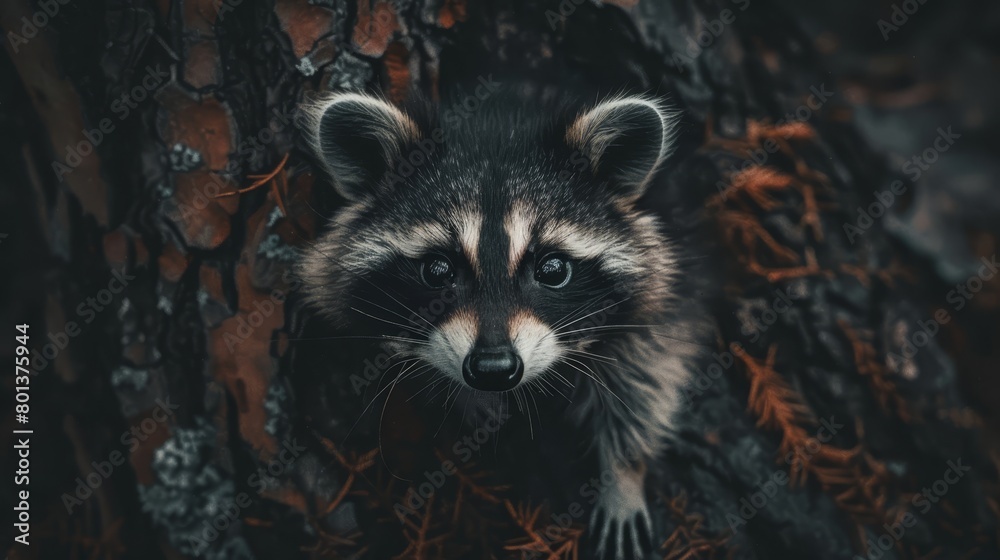   Raccoon before tree, staring at camera, shocked expression