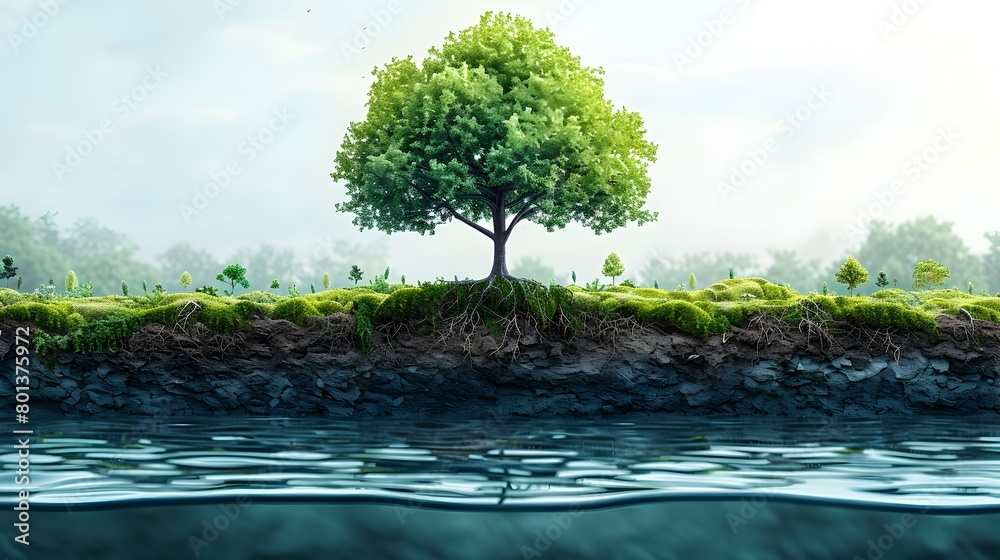Lush Greenery Reflected in Tranquil Waterscape A Minimalist Watercolor Depiction of Environmental Harmony