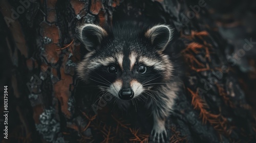   Raccoon before tree, staring at camera, shocked expression © Jevjenijs