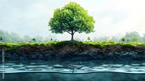 Lush Greenery Reflected in Tranquil Waterscape A Minimalist Watercolor Depiction of Environmental Harmony