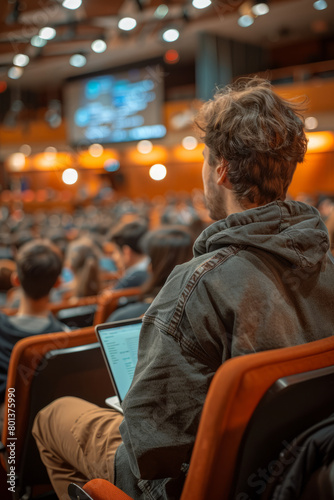 A college lecture hall where every student is using a laptop or tablet to take notes,