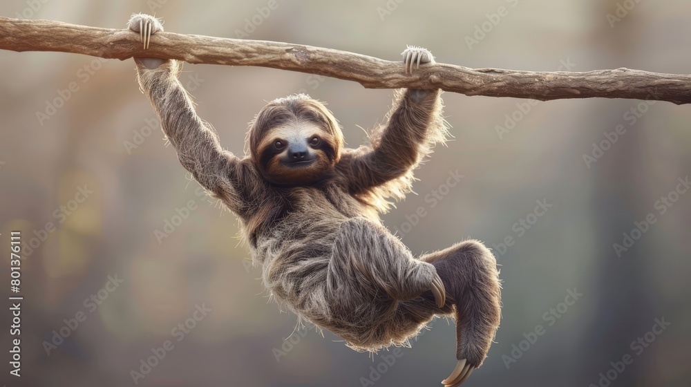 Naklejka premium A sloth grips a tree branch with its front feet, positioning its hind legs backward Its face is turned to the side